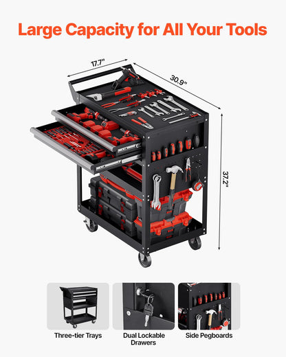 VEVOR 5-Tier Tool Cart with Wheels, 400 lbs Load Capacity, Rolling Work Cart with 2 Drawers & Pegboard, Mechanic Tool Storage Organizer with Locking System for Garage, Warehouse and Repair Shop, Black