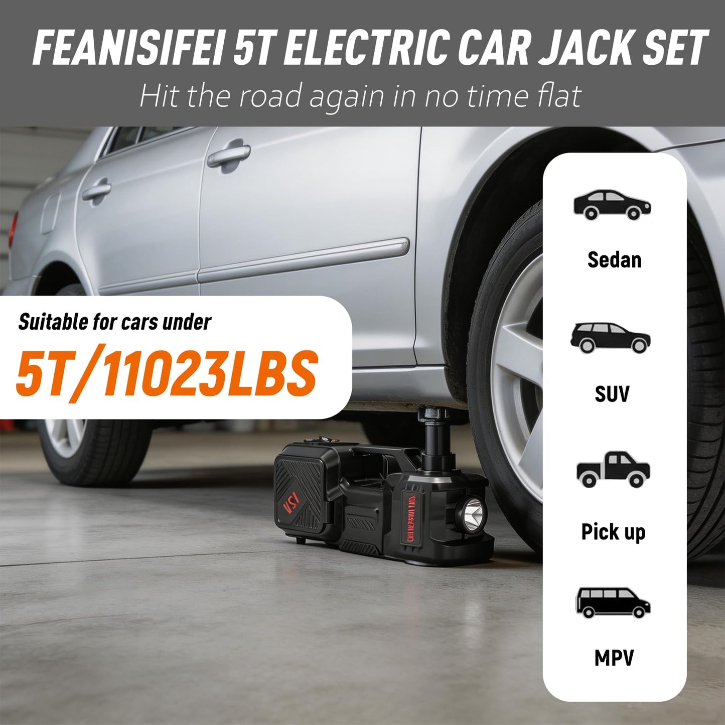 Electric Car Jack Kit 5 Ton 12V Hydraulic Floor Jack with Impact Wrench and Inflatable Pump for SUV Car Emergency Repair Tire Change Kit with LED Light