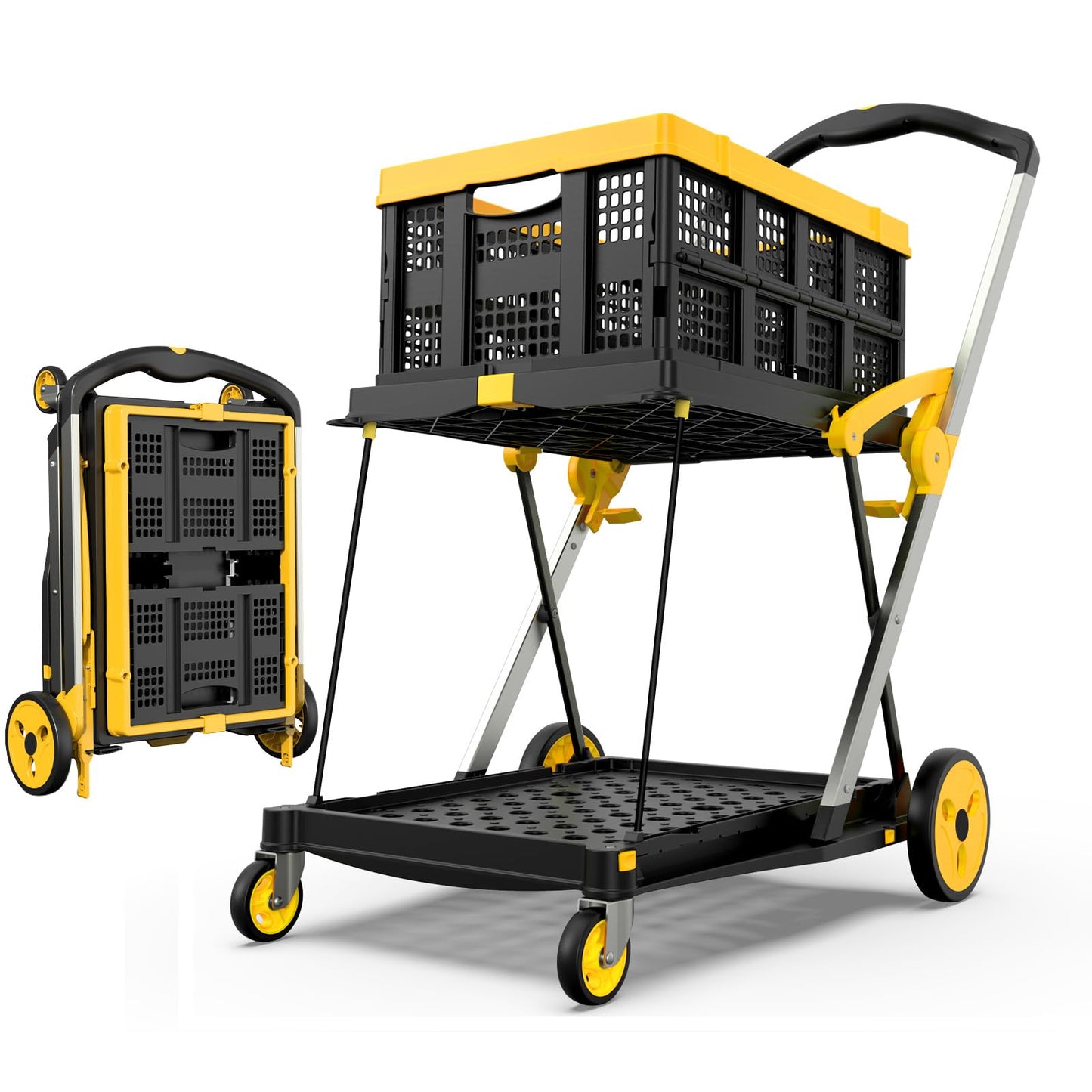 TOLRET Collapsible Shopping Cart with Wheels, 200 lbs Capacity Grocery Cart on Wheels with Storage Crate, Platform Hand Truck with Foot Brake, Yellow