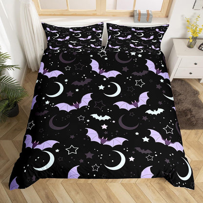 Halloween Bat Duvet Cover Set King Size Cute Moon Starry Night Sky Bedding Set 3Pcs Purple Black White Comforter Cover for Kids Girls Boys Room Decor Kawaii Cartoon Animal Quilt Cover,2 Pillowcases
