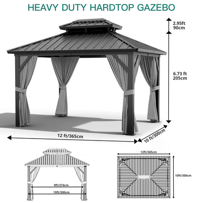 10x12 ft Hardtop Gazebo with Galvanized Steel Double Roof, Heavy Duty Galvanised Steel Hardtop Pavilion with Nettings and Curtains for Party, Wedding, Outdoor Dining, Patio, Backyard