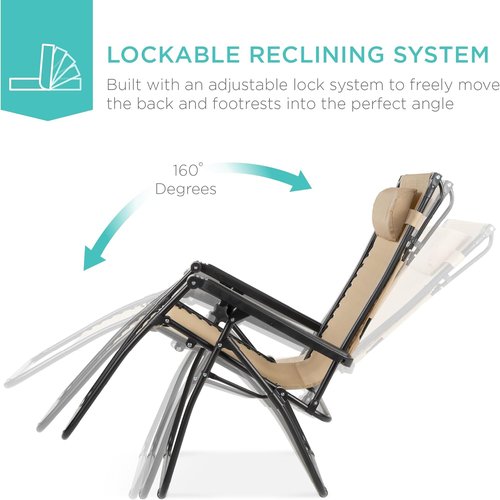 Best Choice Products Folding Zero Gravity Recliner Chair - Adjustable Canopy Shade, Headrest & Accessory Tray - Beige