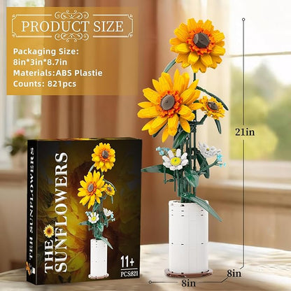 BlockPro Upgrade Sunflower Building Set for Adults Teens Botanical Collection Flower Bouquet with Vase Gift for Birthday Mother's Day Anniversary Pretty Home Decor for Flower Lovers (821pcs)