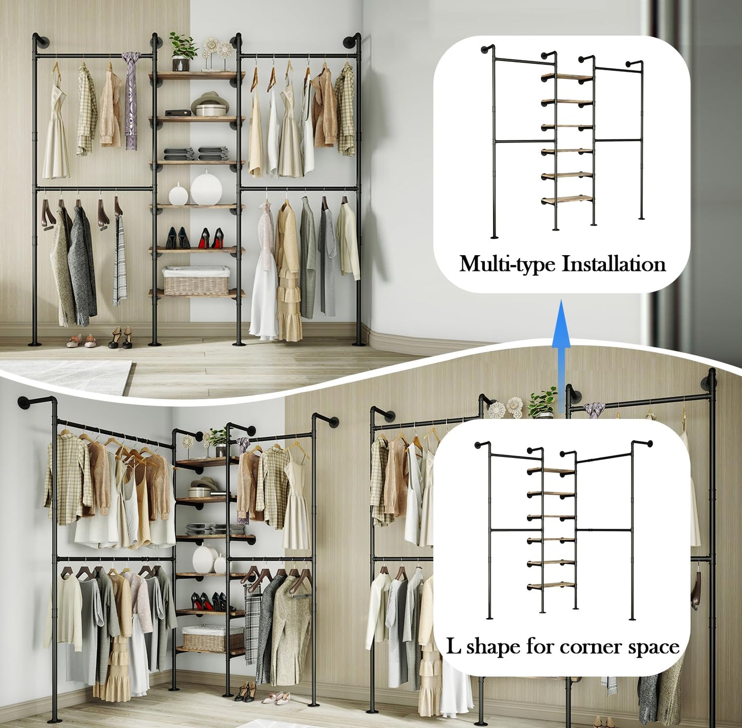 HKaikzo Wall Mounted Closet System 85" H×81" W, Industrial Pipe Clothing Rack for Walk-in Closet with 6 Shelves, Heavy Duty 200LBS Garment Rack, Color-Coded Assembly, 3 Layout Options, Black