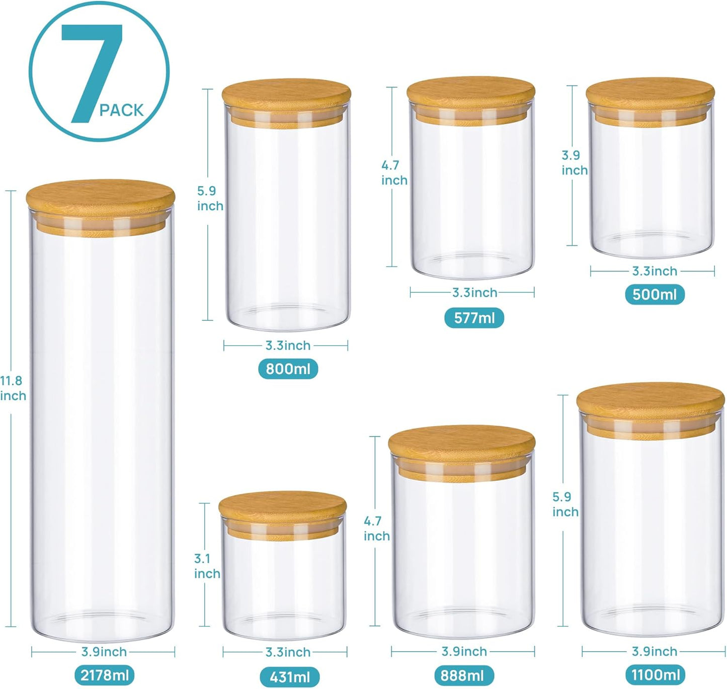 Vtopmart Glass Food Storage Jars - 7-Pack Airtight Kitchen Containers with Bamboo Lids | BPA-Free Canisters for Pantry Organization
