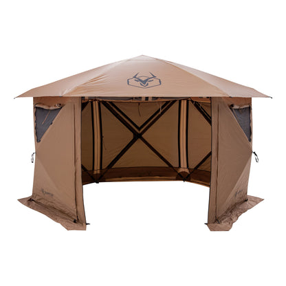 Gazelle Tents™ G6 Cool Top 6-Sided Portable Gazebo, Easy Pop-Up Hub Screen Tent, Waterproof, UV Resistant, 8-Person & Table, Badlands Brown, 91” x 139” x 123”, GG620BR