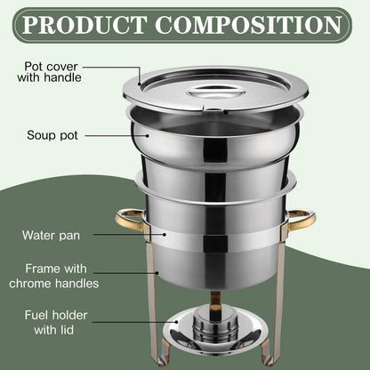 Reallnaive 4 Pack Soup Chafer 11 QT Stainless Steel Round Soup Warmer with Pot Lid and Fuel Holder Commercial Large Marmite Food Warmer for Catering Parties Wedding Banquets Events