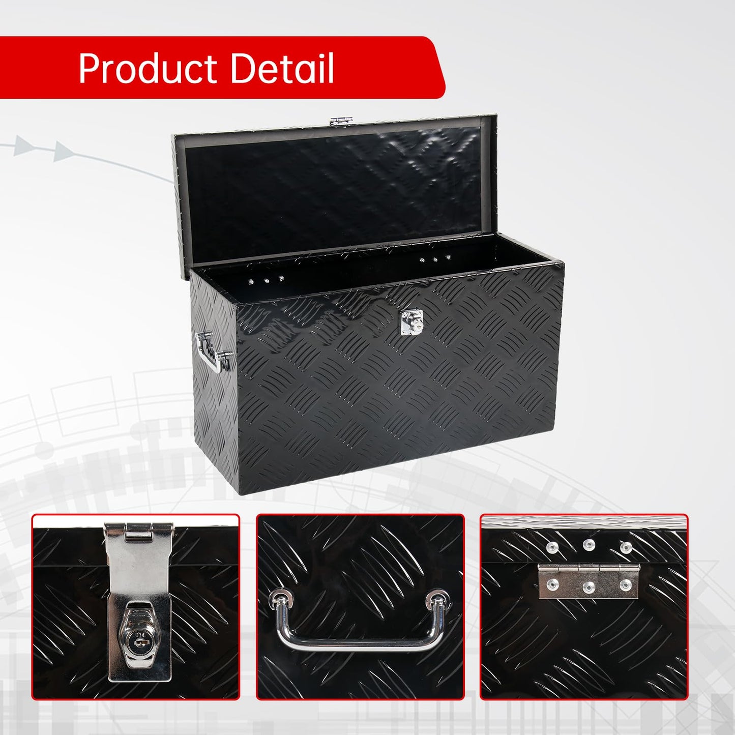 BIGREAT 24'' Inch Stripes Plated ATV UTV Aluminum Tool Box Truck Bed Toolbox Waterproof Square Storage Organizer with Lock and Keys Black(‎24" L x 9.5" W x 12.5" H)