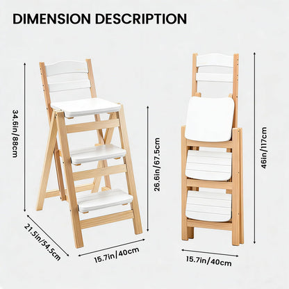 Wooden Folding Step Stool Chair, Solid Pine Wood 3-Step Ladder Stool with Seat, Multi-Purpose Step Chair for Kitchen, Home, Pantry or Bar Use(White)