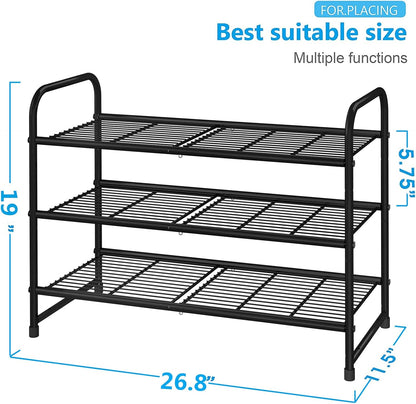 Simple Trending 3-Tier Stackable Shoe Rack - Expandable Adjustable Storage Organizer | Black Wire Grid