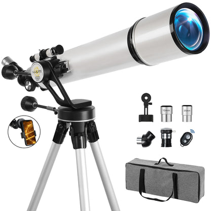 Telescope,90mm Aperture 700mm with Vertisteel AZ Mounting Slow-Motion Mount, High Power Telescopes for Adults Astronomy, Easy for Beginners, with Carry Bag,Wireless Remote Control, Phone Adapter,White