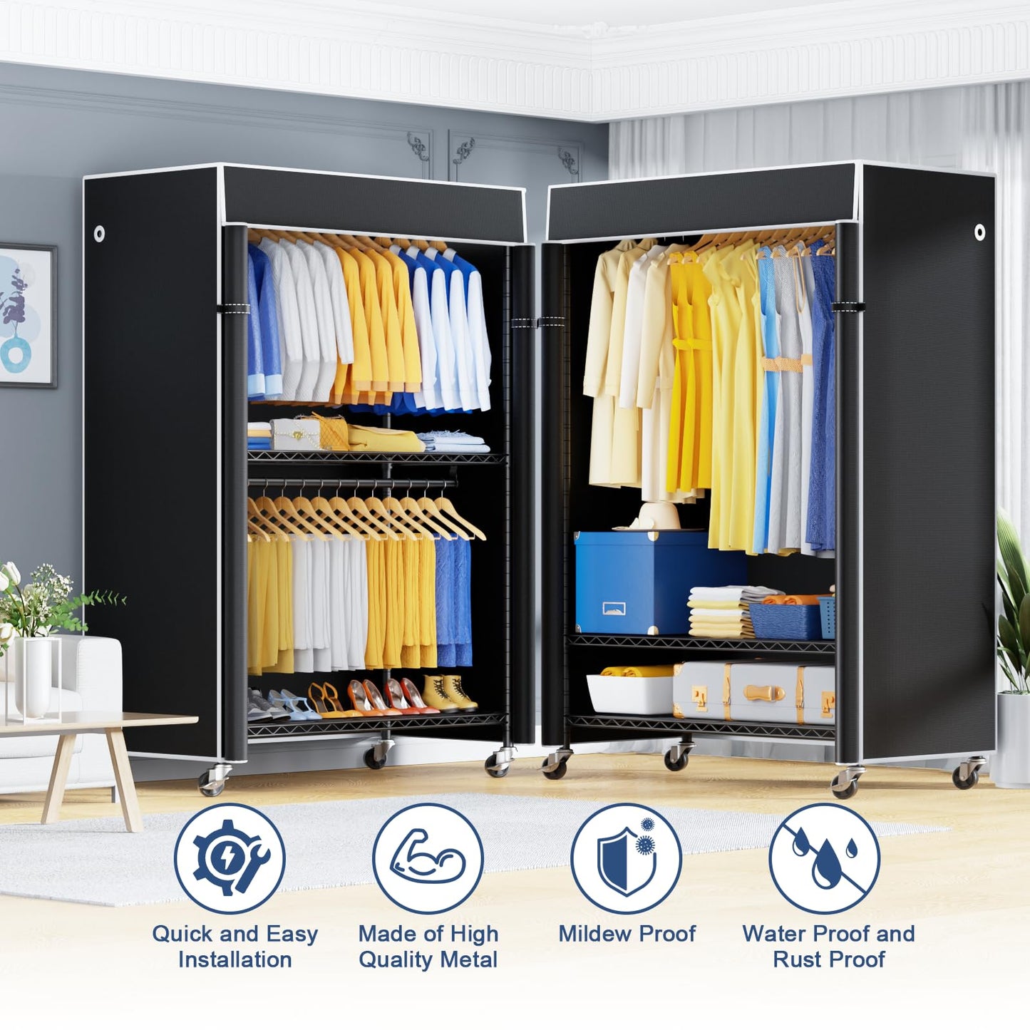 ULIFHOME P8C Pro Heavy Duty Clothes Rack（With Extended Width Design） Rolling Clothing Racks for Hanging Clothes with Lockable Wheels，42" W x 15.8" D x 80.5" H，Load 700LBS，Black Rack with Black Cover