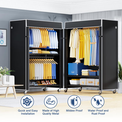 ULIFHOME P8C Pro Heavy Duty Clothes Rack（With Extended Width Design） Rolling Clothing Racks for Hanging Clothes with Lockable Wheels，42" W x 15.8" D x 80.5" H，Load 700LBS，Black Rack with Black Cover