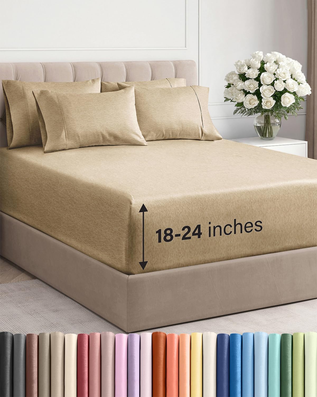 Skiennix Extra Deep King Sheet Set | 6-Piece Breathable Cooling Bedding - Soft, Wrinkle-Free, Heathered Tan