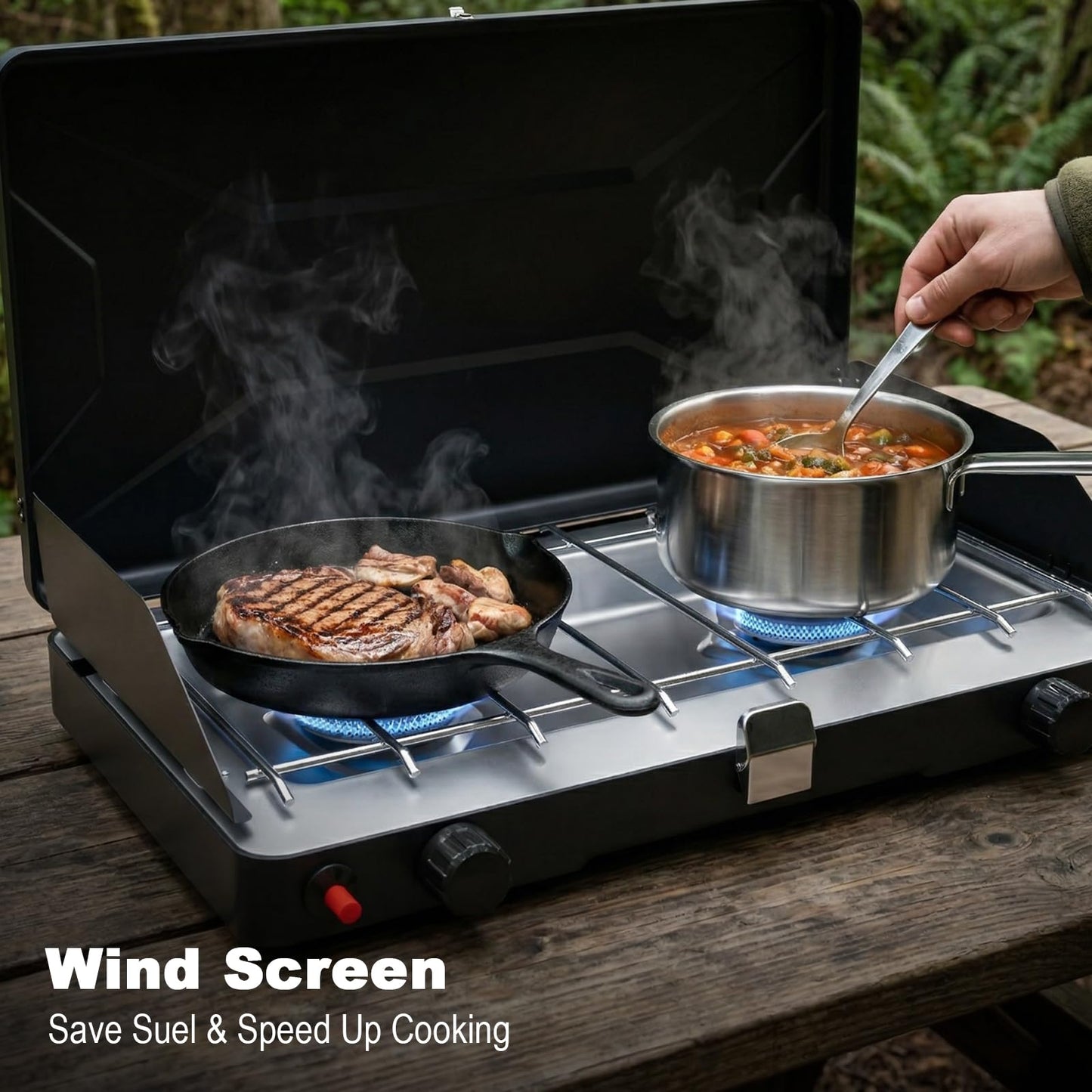Portable Camping Stove, Propane Gas Camping Cooktop, 2 Burner, 20000 BTUs, Windscreen, Instant Ignition with Adjustable Burners Pressure Regulator for Camping Cooker BBQ Tailgating RV (Black)