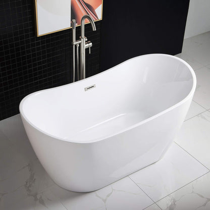 WOODBRIDGE 59"Freestanding White Acylic Soaking Bathtub with Brushed Nickel Drain and Overflow,B0011-BN
