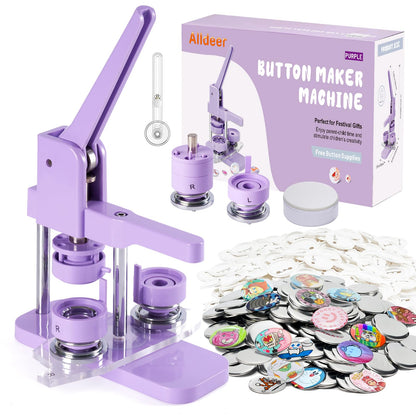 Alldeer Button-Maker-Machine Kit 32mm /1.25 inch, Button Press Machine 32mm, Easy-to-use Rotate Models, Pin Maker Kit with 100 Sets Plastic Supplies, DIY Small Badges, Starting Creative Project