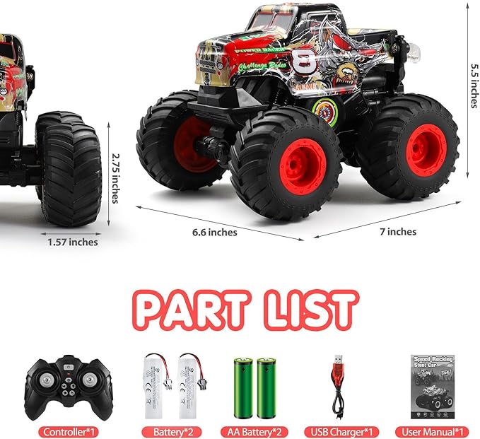 DYODYORC Remote Control Car 2.4Ghz All Terrain Monster Truck Toys RC Truck with Music 3 Lighting Effects 360 Stunt Capable 2 Batteries Ready to Run Toy Gifts for Boys and Girls (Red)