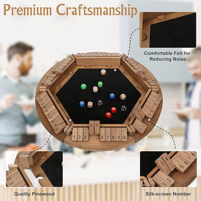 Shut The Box Game for 1-6 Players Plusvivo Large Round Wooden Board Dice Game with 14 Dice for Adults 6 Way Clever Math Game for Home Classroom or Pub