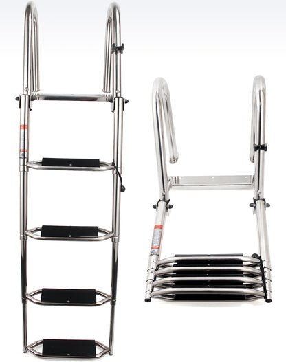 Mojiate 4-Step Heavy-Duty Stainless Steel Pontoon Boat Ladder with Extra Wide Steps & Handrails | Telescoping Folding Rear Entry Ladder, 600lbs Capacity, Marine-Grade 316 Stainless Steel