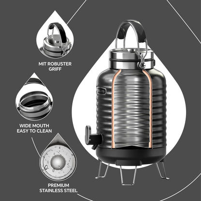IDEUS Insulated Beverage Dispenser, All-in-one for Camping Vacuum Double-Wall Stainless Steel Water Cooler Coffee Carafe Jug Leakproof Drink Container with Handle, Spigot & Stand (Black, 1,4gal)