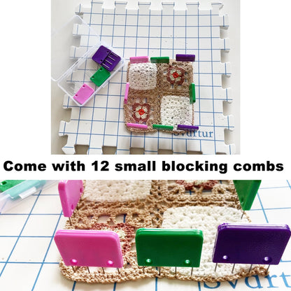 Svartur Interlocking Blocking Mat for Knitting and Crochet Projects, 9 Pack Knitting Blocking Mats with Blocking Comb Pins, T-pins, Crochet Blocking Board, Knitting Mat with Grid Line, Storage Bag