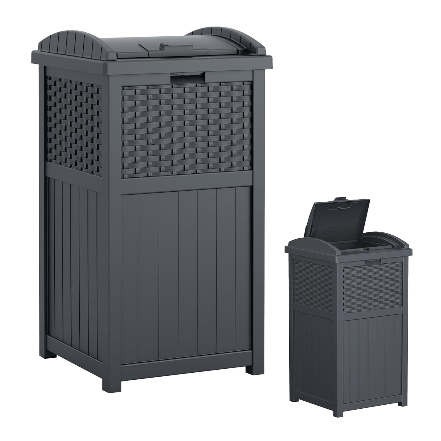 Suncast 33 Gallon Wicker-Style Trash Can - Weather-Resistant with Secure Latching Lid | Cyberspace Grey