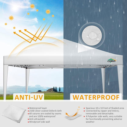 COBIZI 10x10 Pop Up Canopy Tent with 4 Sidewalls Party Tents Waterproof UPF 50+ Commercial Instant Outdoor Events Tent for Parties Markets Backyard, Ropes（10 x 10 ft White
