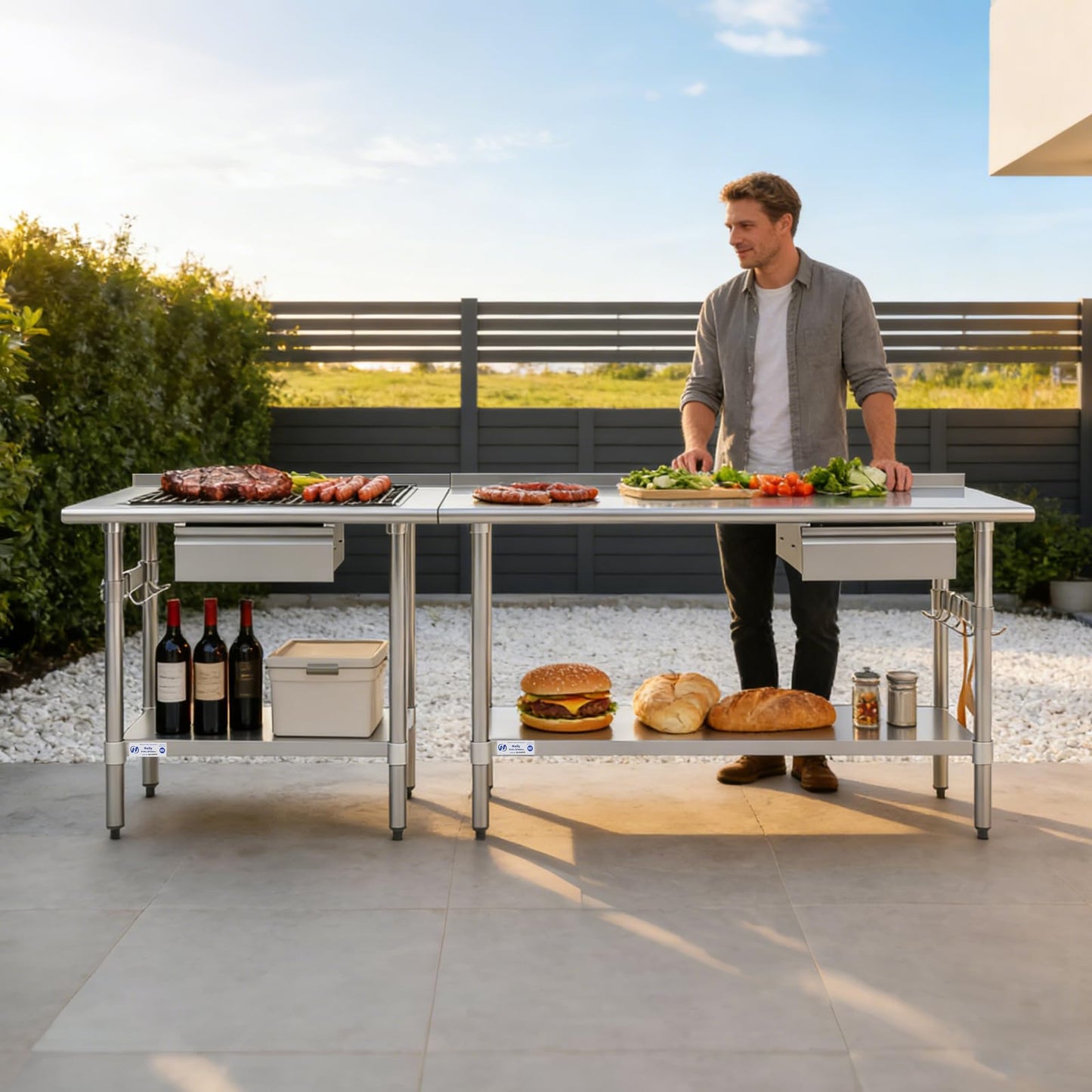 Hally Stainless Steel Prep Table 24 x 60 Inch with Backsplash, NSF Certified Commercial Work Table with Drawer, Removable Stainless Steel Pan, Undershelf and Side Hook for Restaurant, Home, Garage
