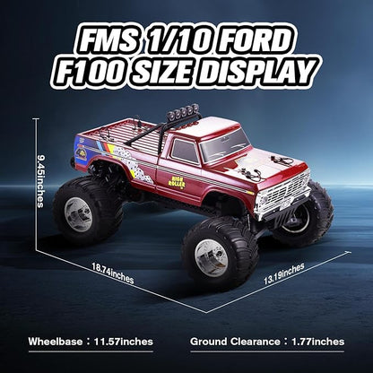 FMS 1/10 RC Truck Ford F-1002WD Monster Truck with Licensed Body 550 Brushed Motor Oil Shocks Independent Suspension – All-Terrain RC Crawler High Speed Off-Road RC Car for Gift（Red High Roller）
