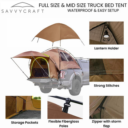 Savvycraft Pickup Truck Tent for Full Size Truck 8.0'-8.2' Long Bed, Waterproof P3000mm 2-Person Double Layer Truck Bed Tent Camping Tent, Expandable Awning, Rainfly, Storage Bag Included Brown