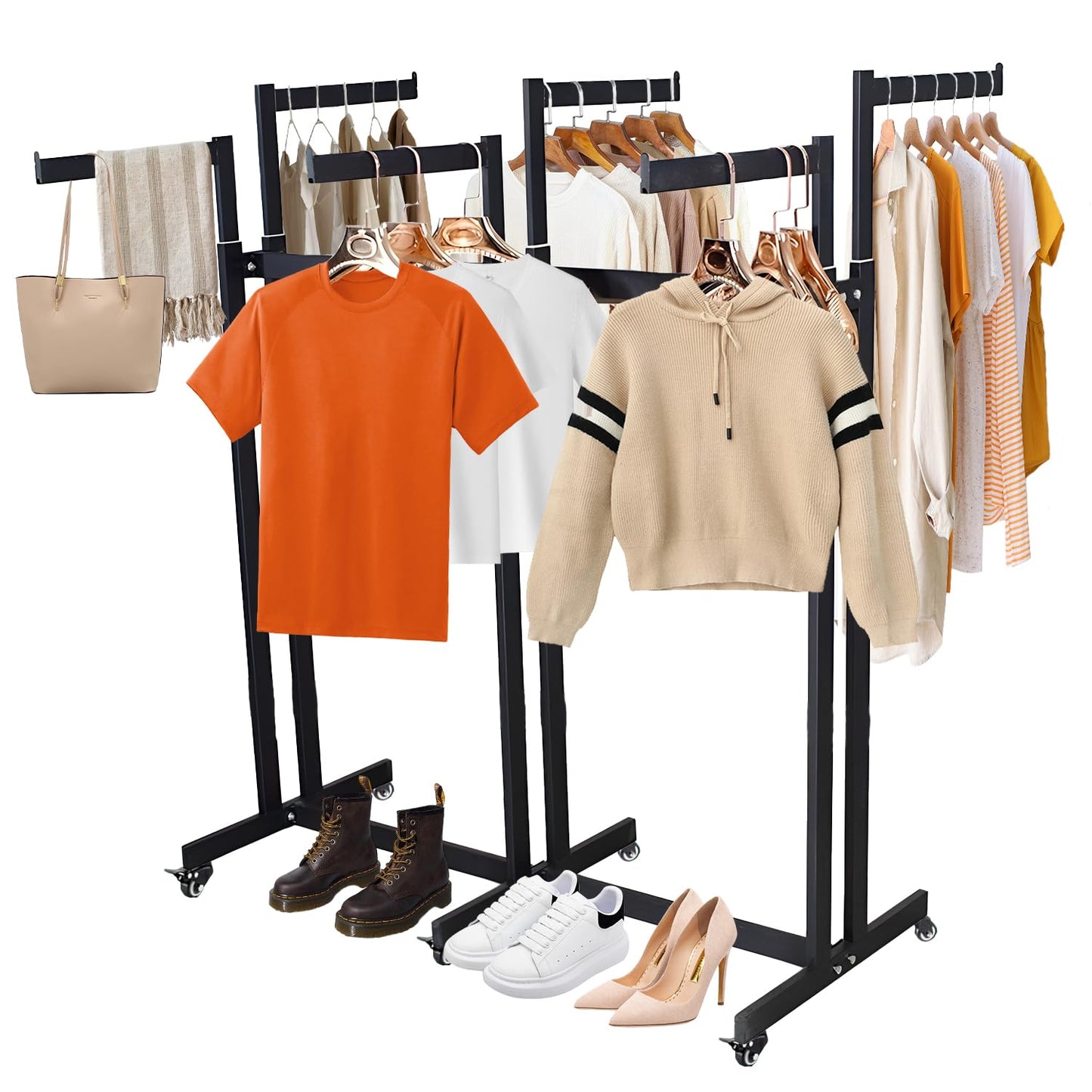 rcqeuiol Clothing Display Racks for Retail, Floor Standing Metal Garment Rack with Wheels, 6 Arms Heavy Duty Retail Display Racks for Hanging Clothes, Adjustable Shirt Rack, Black
