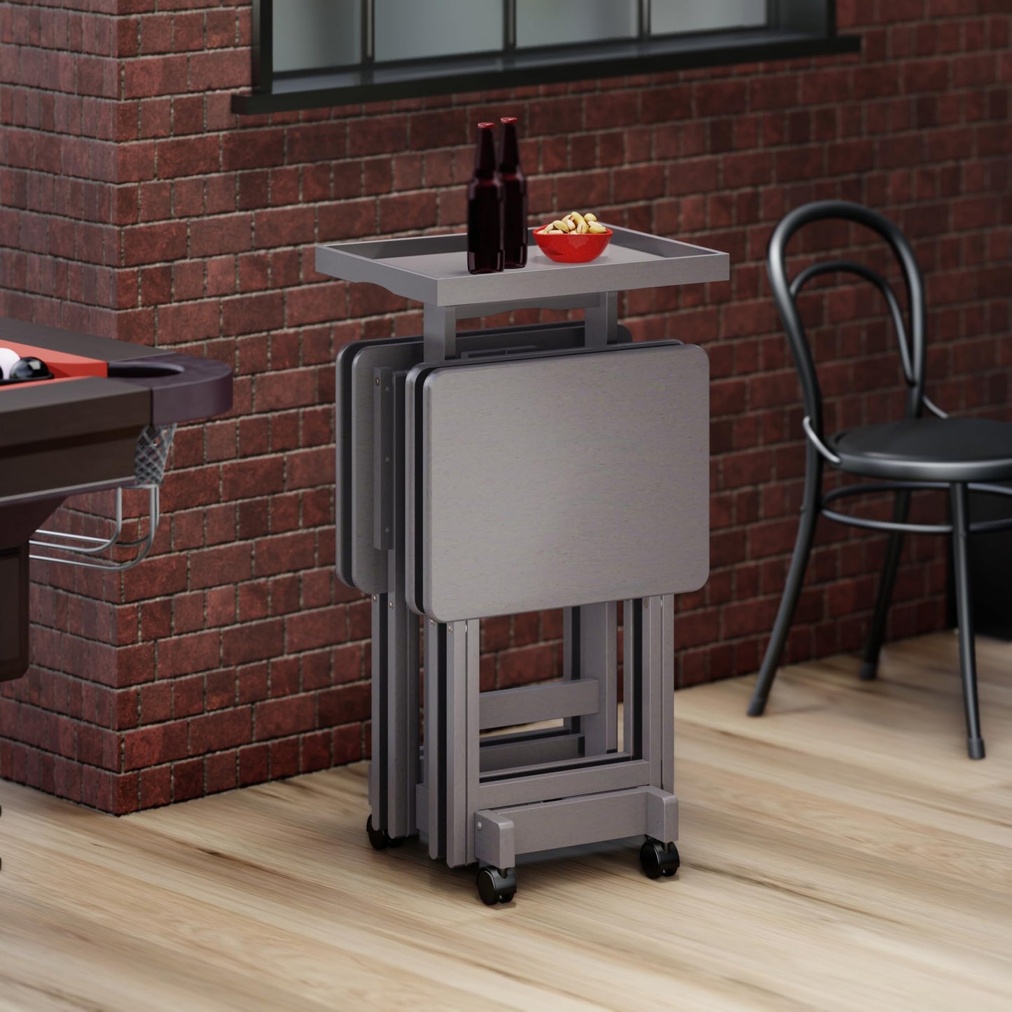 Winsome Isabelle Set of 4 Foldable Snack Tables with Storage Rack, Easy to Store Portable Fold Up Table Set for Kitchen, Living Room TV Dining, Crafts, Puzzles, Work from Home