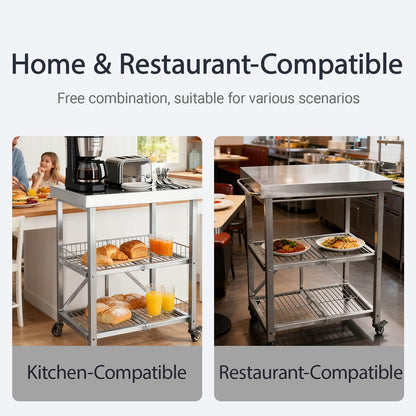 Metrixpio Stainless Steel Kitchen Cart, Foldable Origami Design,Slim Rolling Cart with Storage, Portable Microwave & BBQ, Kitchen Island on Wheels