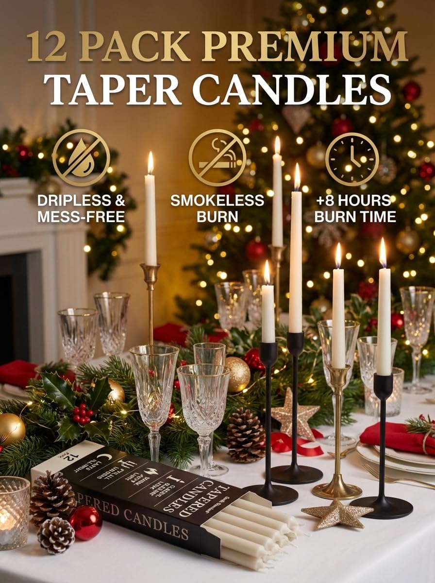 South Standard Premium White Taper Candles Stick | Bulk12 Pack | 9'' Inches | Dripless, Unscented, Smokeless Dinner Candlesticks | 7+ Hour Long Burning for Elegant Weddings, Parties & Home Decor