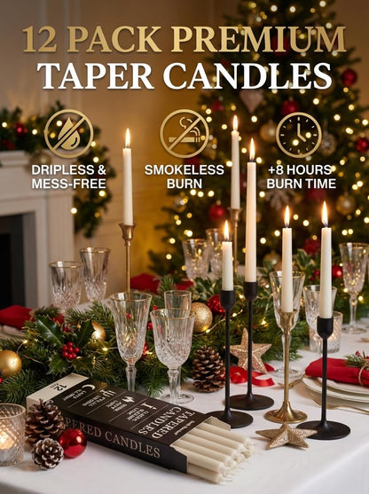 South Standard Premium White Taper Candles Stick | Bulk12 Pack | 9'' Inches | Dripless, Unscented, Smokeless Dinner Candlesticks | 7+ Hour Long Burning for Elegant Weddings, Parties & Home Decor