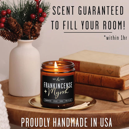 Frankincense and Myrrh Candle, Christmas Candles Scented - w/Spices, Frankincense & Myrrh - Infused with Essential Oils I Frankincense Candle I 9oz, 50Hr, Made in USA