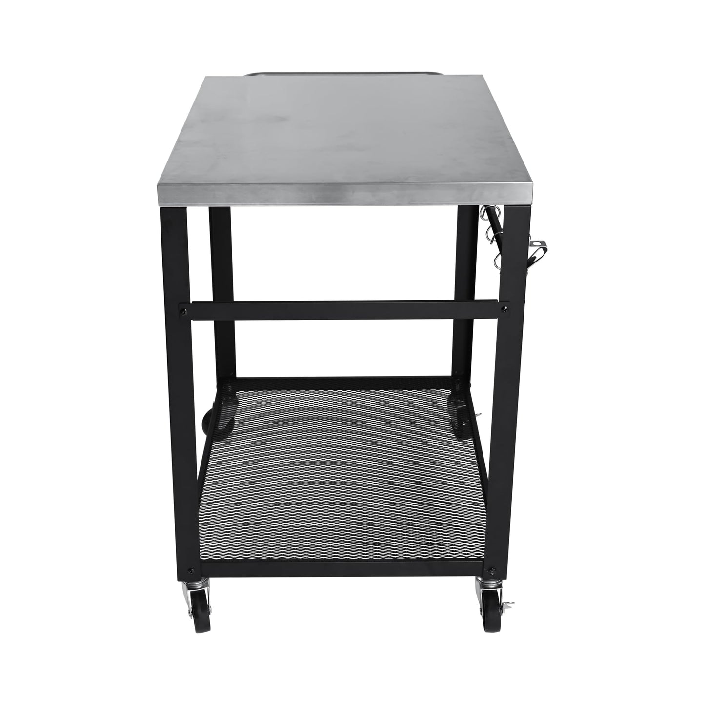 KEIKI 2-Tier Outdoor Grill Cart Table with 4 Wheels, Tool Hooks, Mesh Shelf, Movable BBQ Cooking Prep Table, Pizza Oven Table, Serving Bar Cart for Backyard, Indoor, Outside, Kitchen, Stainless Steel