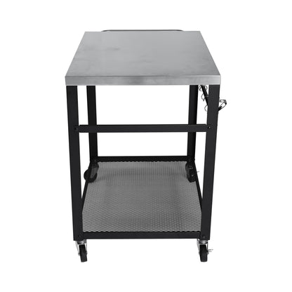 KEIKI 2-Tier Outdoor Grill Cart Table with 4 Wheels, Tool Hooks, Mesh Shelf, Movable BBQ Cooking Prep Table, Pizza Oven Table, Serving Bar Cart for Backyard, Indoor, Outside, Kitchen, Stainless Steel