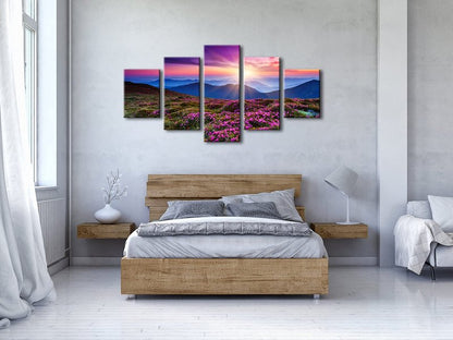 Wieco Art 5 Piece Giclee Canvas Prints Wall Art Large Modern Gallery Wrapped Mountains in Sunrise Artwork Purple Landscape Pictures Paintings Ready to Hang for Bedroom Dining Room Decorations L