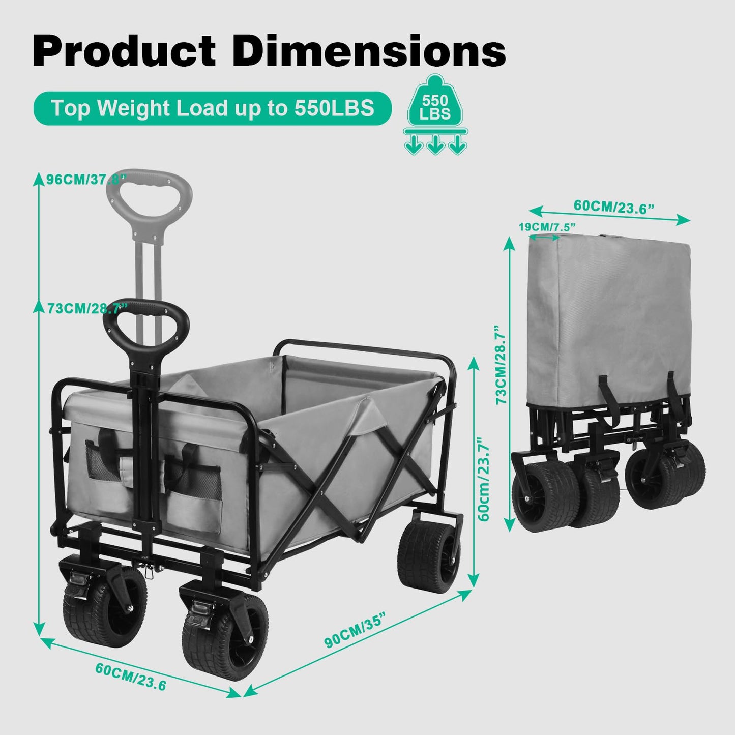 MMQ Heavy-Duty Folding Wagon with 550lbs Weight Capacity, Collapsible Wagon with Big Wheels - Robust Construction, Spacious Interior, Adjustable Rolling Carts, Outdoor Folding Camping Wagons, Portable