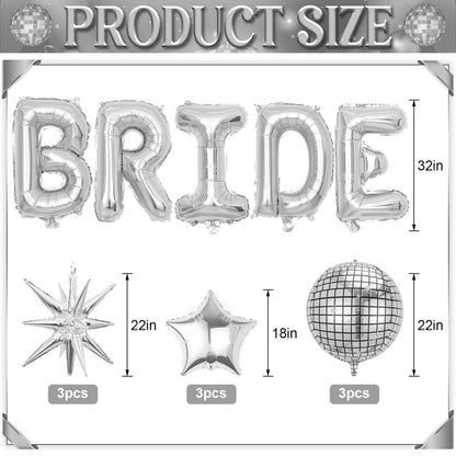 Silver Bride Balloons Bachelorette Party Decorations, 32in Silver Giant Bride Balloons with 4D Disco Ball Balloon and Star Foil Balloon for Bridal Shower Wedding Engagement Party Supplies