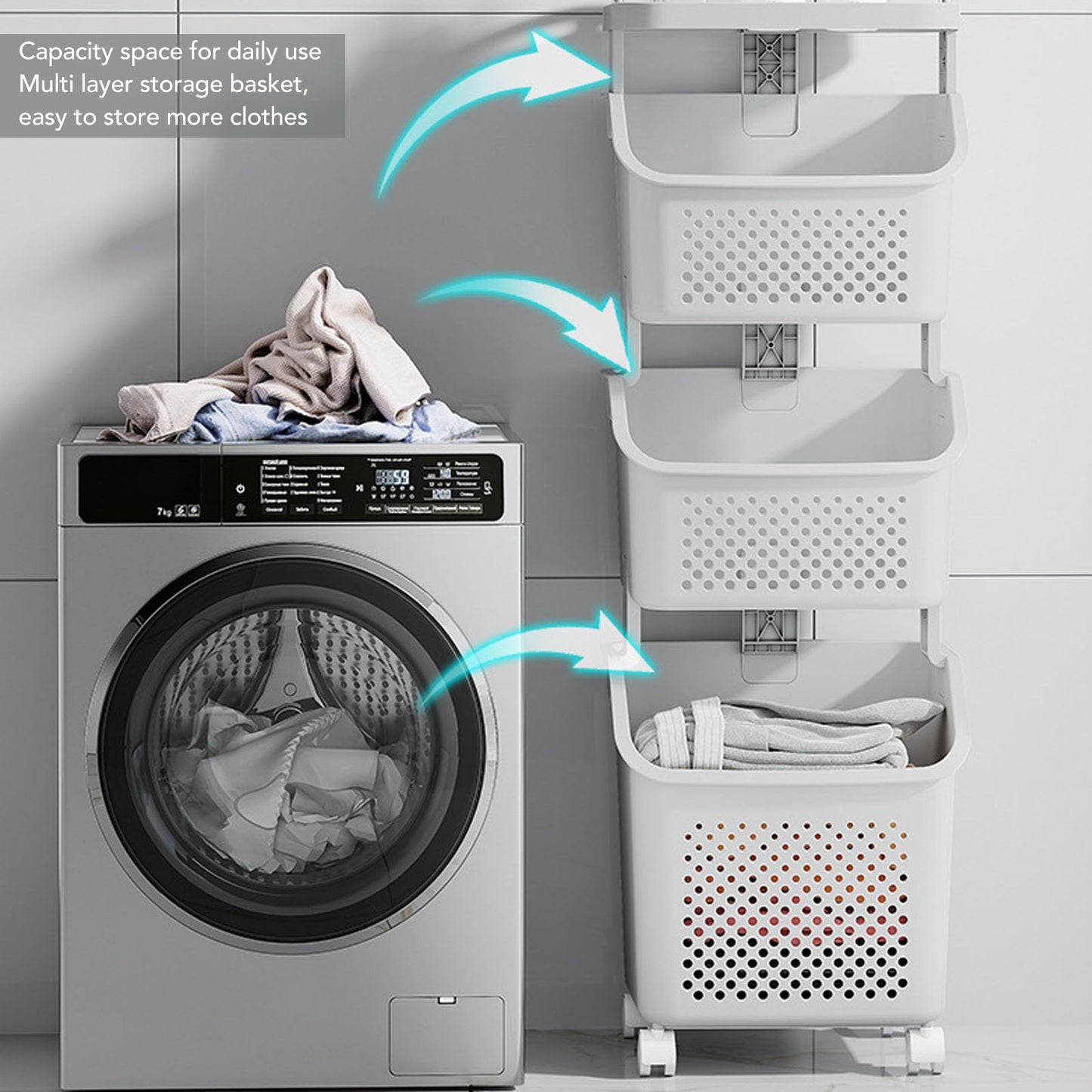 3 Tier Laundry Basket Organizer with Wheels, Tiered Laundry Basket Organizer, with Portable Storage Baskets, for Kitchen Bathroom Bedroom Laundry Room