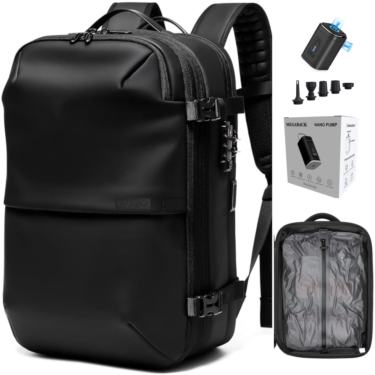 MEGABACK Vacuum Backpack Travel with Pump, 60L Expandable Airbag Travel Backpack, Travel Backpack with Vacuum System, TSA Lock, USB Charging Port, Water Resistant
