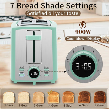 SEEDEEM 2-Slice Toaster - LCD Display, 7 Shade Settings, Extra Wide Slots, Azure Blue