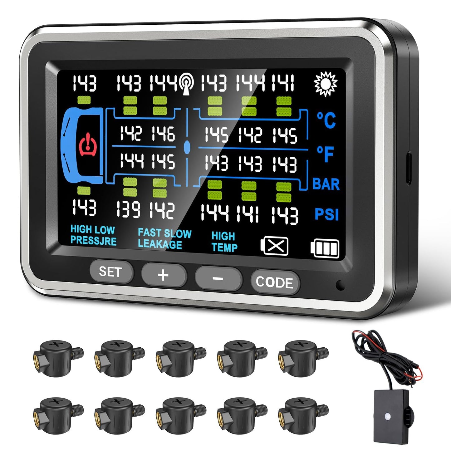NLNE Trailer Tire Pressure Monitoring System 10 Sensors, 4.5" RV TPMS with Flow Through Sensor,6 Alerts Modes Monitor for Semi Truck/Camper/5th Wheel,Motorhome,Signal Booster,0-188PSI(4-22 Sensors)