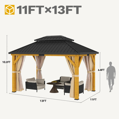 DWVO 11X13FT Gazebo Wood Outdoor Wooden Frame Double Roof Hardtop Galvanized Steel Top Canopy w/Curtain and Netting, Patio Heavy Duty for Deck, Backyard