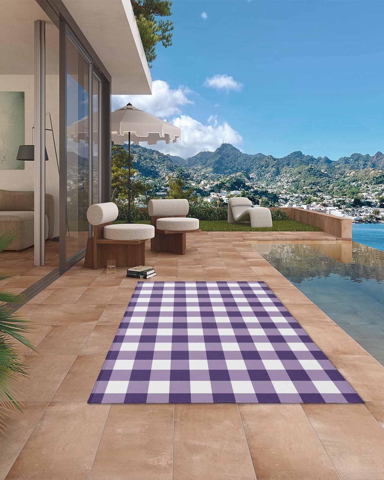 Outdoor Patio Rugs Purple Buffalo Plaid Outdoor Area Rug Check Lines Non-Slip Backyard/Camping RV Rug/Deck/Porch Rug Front Door Floor Mat Carpet, 4x6ft