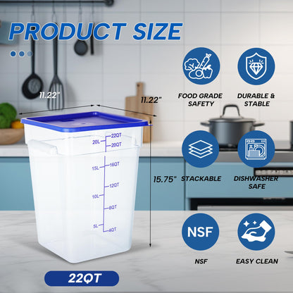 STEELUS 4 Pack 22 Quart Food Storage Containers with Lids, Polycarbonate Square Commercial Food Containers, NSF, Clear, New Version