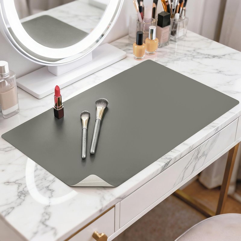 LovePads Makeup Mat for Vanity, 14 x 24 Dual-Sided Desk Pad & Vanity Cover Top, Waterproof PVC Protector Mat for Dresser, Nail Art, Craft Table (Dark Grey+Grey)